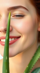 A glowing, healthy face with an Aloe Vera plant beside it