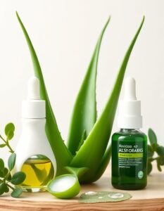 Aloe Vera plant with skincare products around it