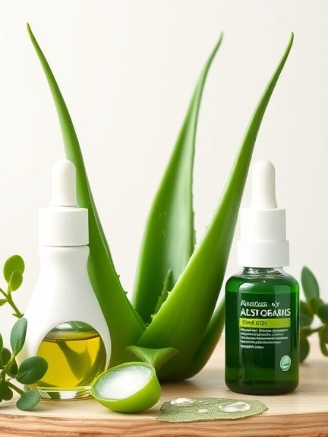 Aloe Vera plant with skincare products around it