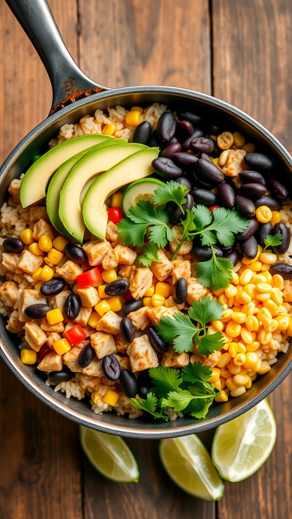 A delicious one pan chicken burrito bowl with chicken, black beans, corn, avocado, and cilantro on a wooden table.