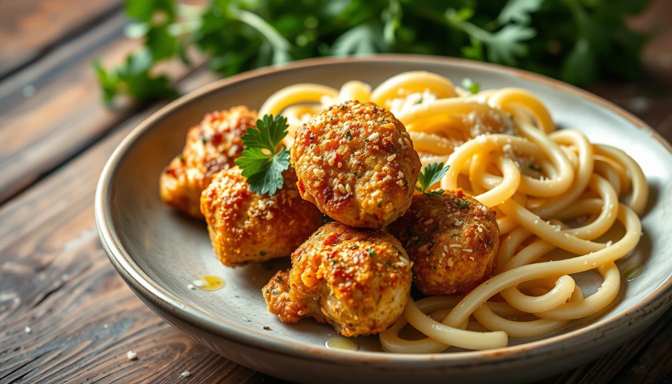 Garlic Parmesan Chicken Bites & Creamy Pasta