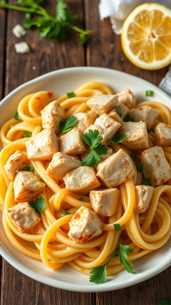 A delicious serving of lemon chicken pasta with chicken, pasta, and lemon sauce, garnished with parsley and Parmesan.