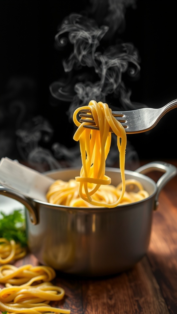 A fork holding strands of perfectly cooked pasta over a pot.