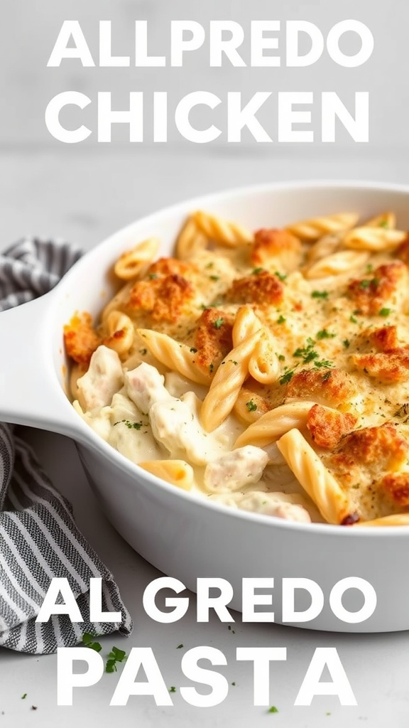 A creamy Alfredo chicken pasta bake in a white dish with a golden top.