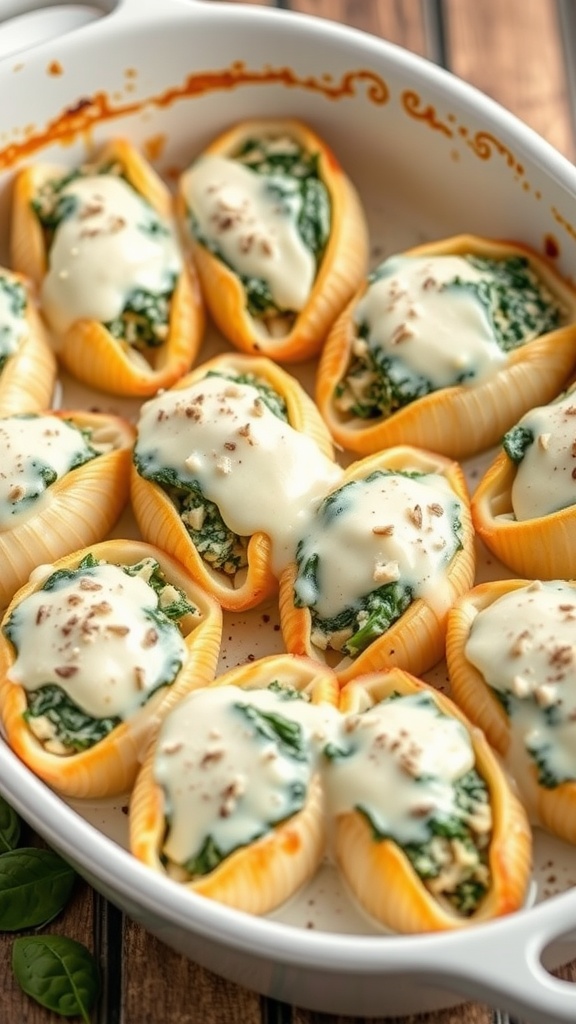 A dish of Alfredo spinach stuffed shells topped with creamy sauce.