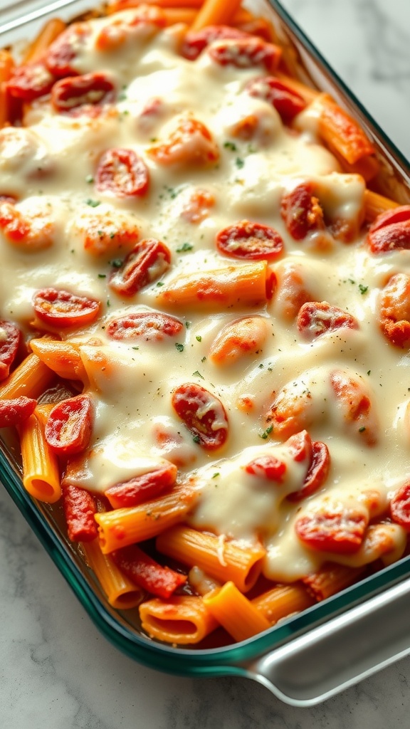 A close-up of baked ziti topped with mozzarella and cherry tomatoes in a glass baking dish.