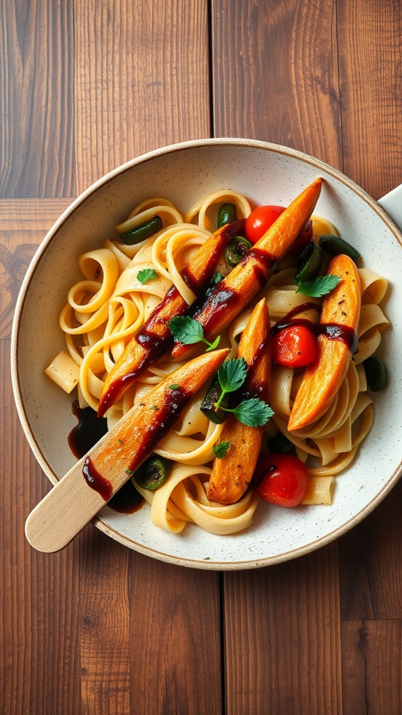 Balsamic glazed pasta with roasted carrots and cherry tomatoes in a bowl.