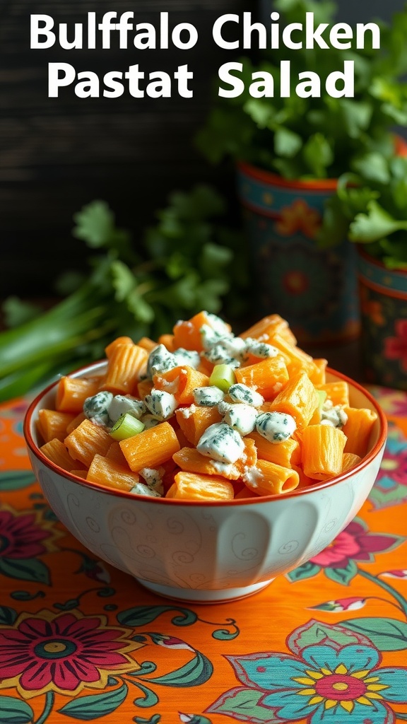 A bowl of Buffalo Chicken Pasta Salad with rigatoni, blue cheese, and green onions, on a colorful floral tablecloth.