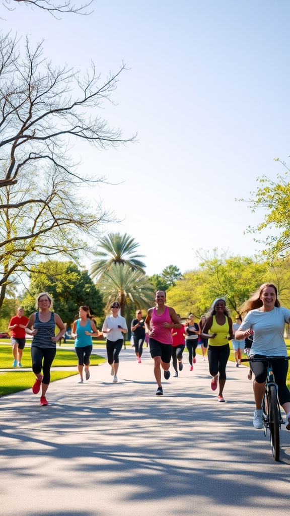 A group of people jogging together in a sunlit park, promoting a sense of community and motivation for weight loss.