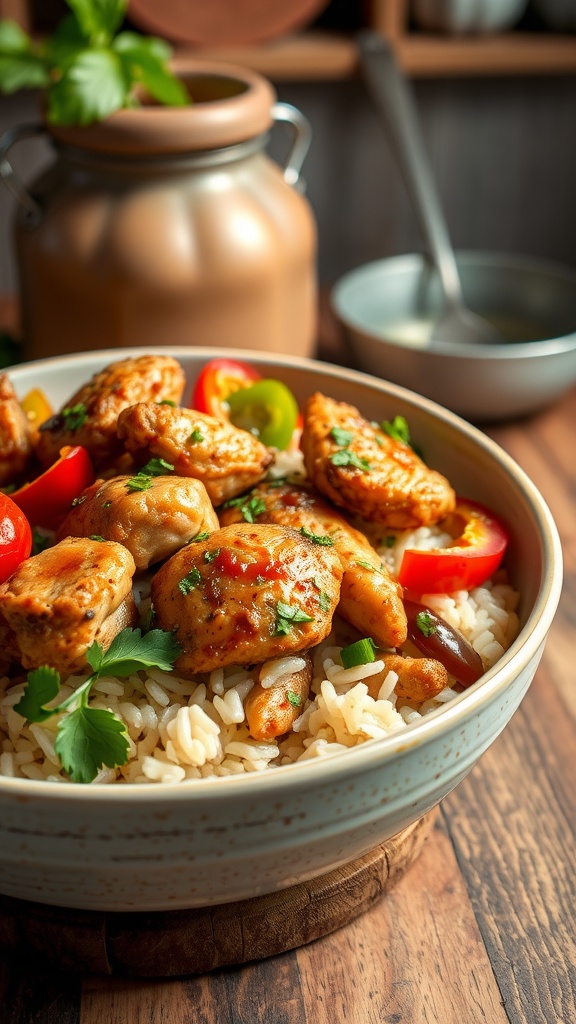 A delicious Cajun chicken and rice bowl with vibrant vegetables