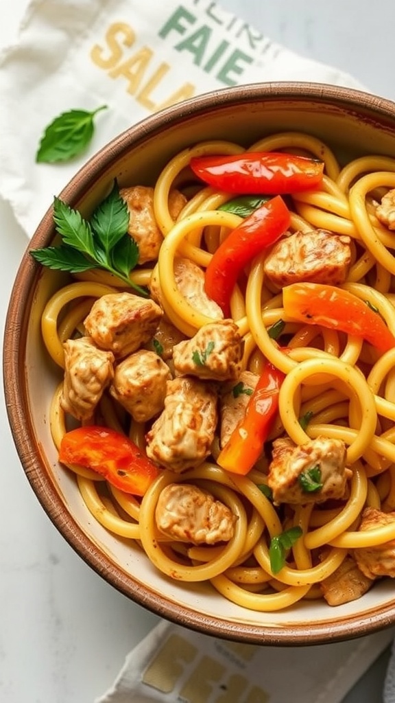 A bowl of Cajun chicken pasta with chicken, red and yellow bell peppers, and parsley on top.