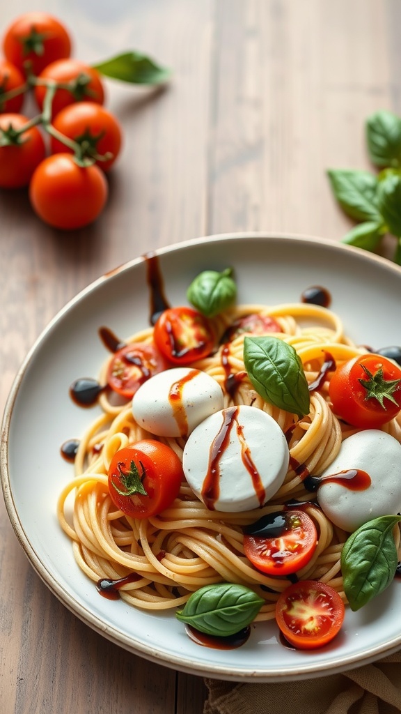 Plate of Caprese pasta featuring spaghetti, tomatoes, mozzarella, and fresh basil on a wooden table