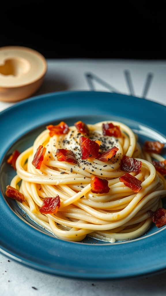 A plate of carbonara pasta topped with crispy bacon and black pepper.