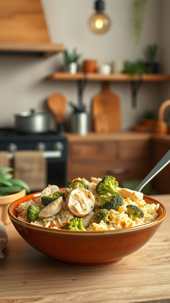 A delicious Cheesy Broccoli and Chicken Rice Bowl in a rustic bowl.