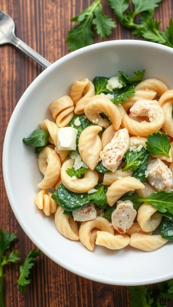 A bowl of chicken Alfredo pasta salad with spinach and herbs