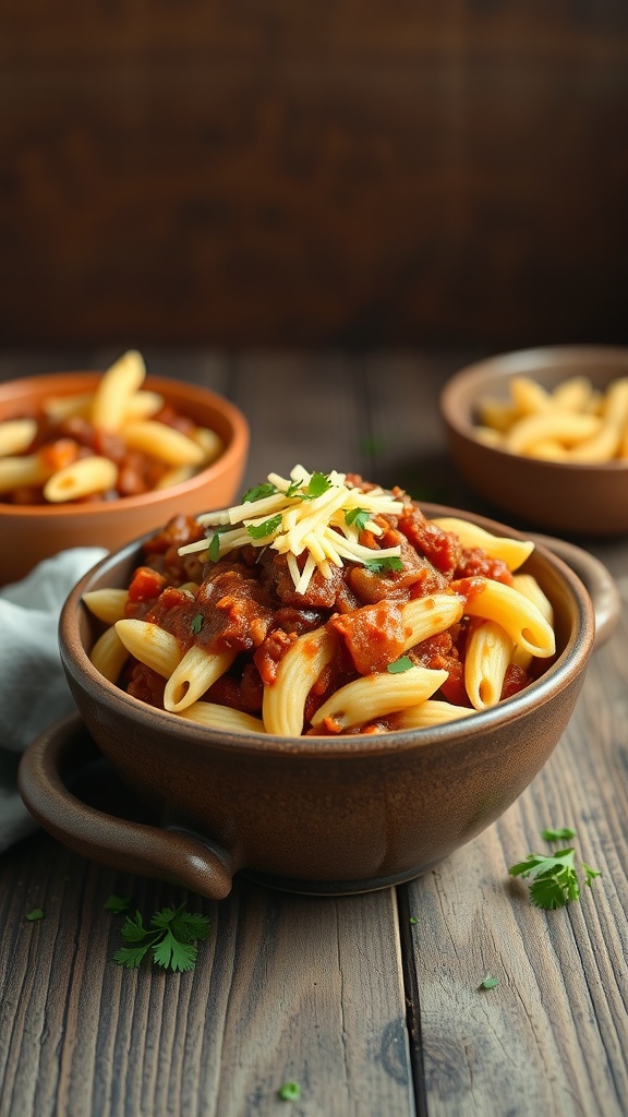 A bowl of Chili Mac and Cheese with pasta, chili, and cheese on top.