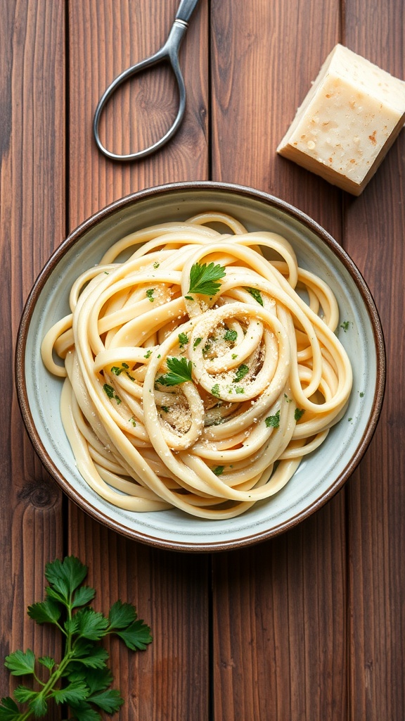 A bowl of creamy garlic alfredo pasta garnished with parsley and parmesan on a wooden table.