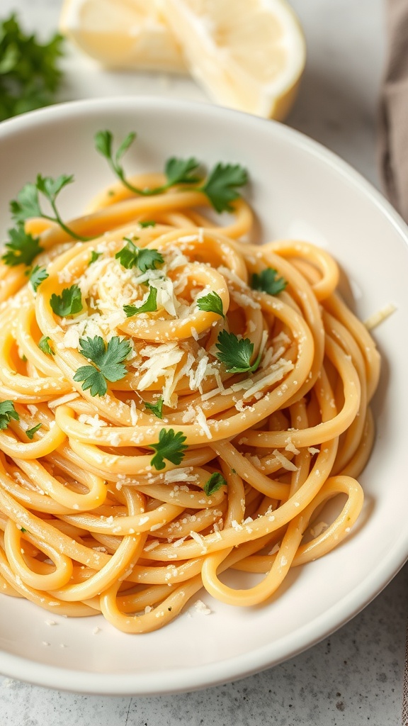 A plate of creamy garlic parmesan fettuccine garnished with parsley and served with lemon slices.