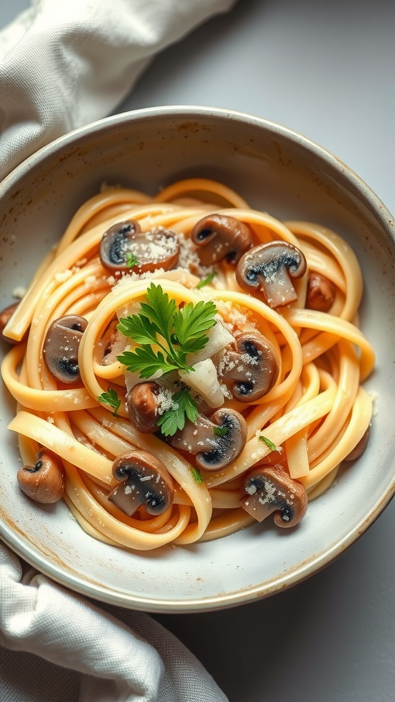 A bowl of creamy mushroom pasta garnished with parsley and cheese.