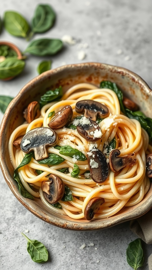 A bowl of creamy fettuccine pasta with spinach and mushrooms