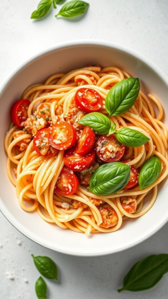 A bowl of creamy tomato basil pasta with cherry tomatoes and fresh basil leaves.