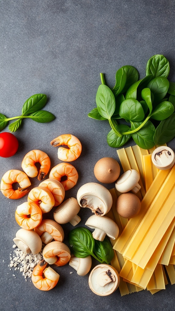 Ingredients for creamy Cajun chicken pasta including shrimp, pasta, spinach, mushrooms, and spices.