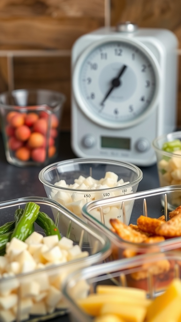 A kitchen setup with various food containers and a timer, symbolizing portion control techniques for weight loss.