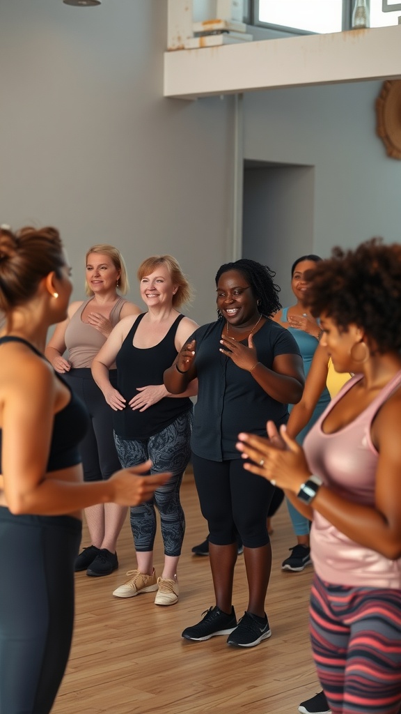 A diverse group of women smiling and engaging in a fitness class, promoting a sense of community.