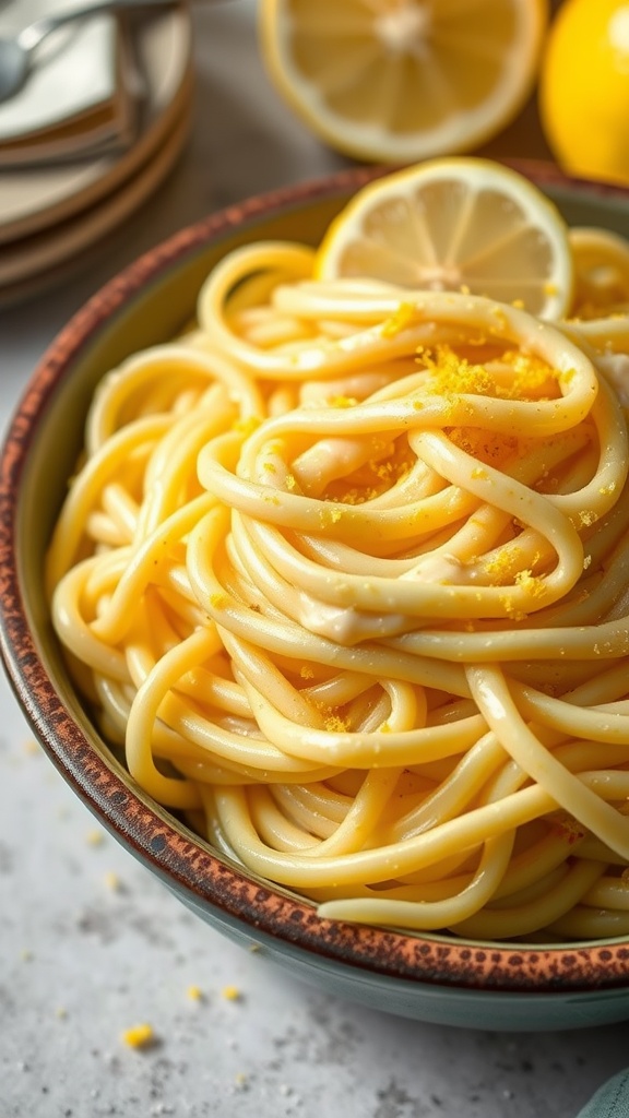 A bowl of fettuccine pasta topped with lemon butter sauce and lemon zest.