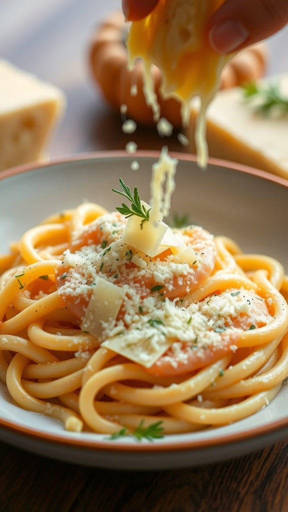 Delicious creamy Cajun chicken pasta topped with freshly grated Parmesan cheese and herbs.