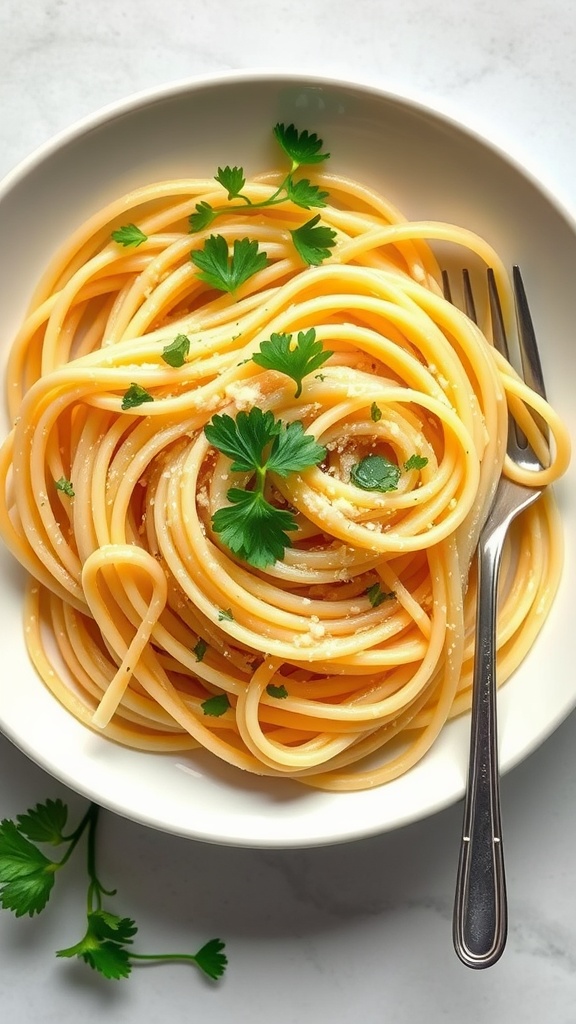 A bowl of Garlic Butter Parmesan Pasta topped with parsley and grated cheese.