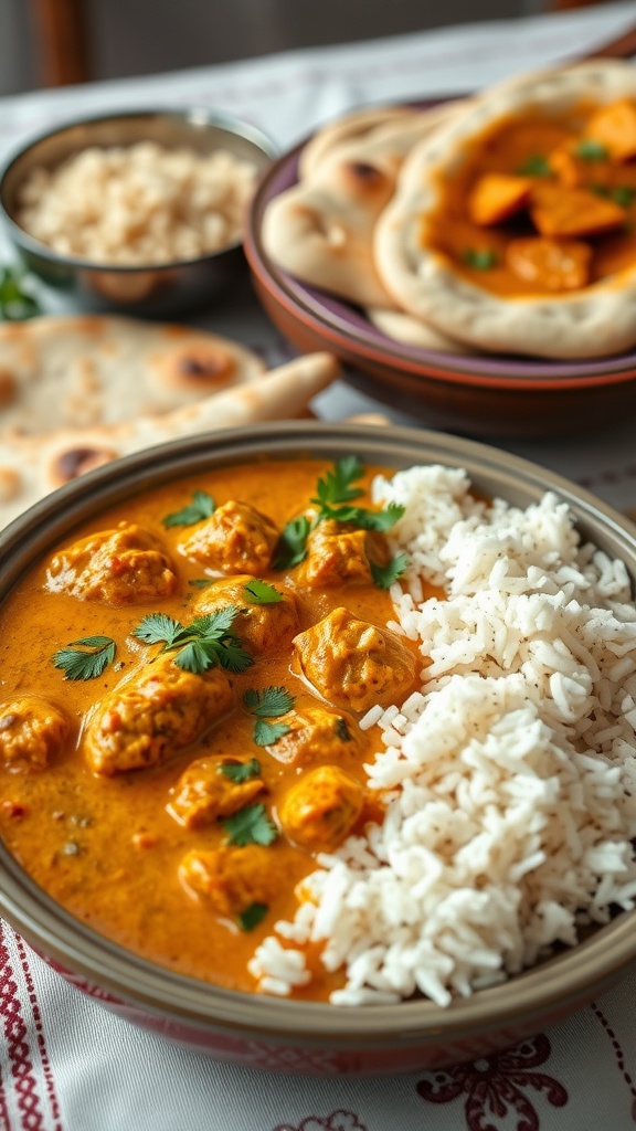 A delicious bowl of Indian butter chicken served with fluffy rice, garnished with fresh cilantro.