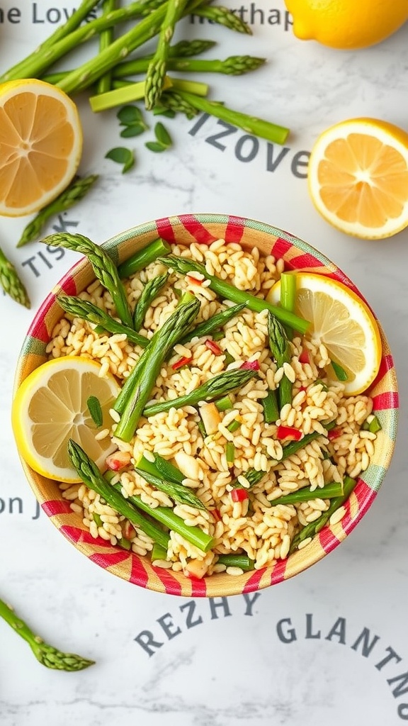 A colorful bowl of Lemon Asparagus Orzo Salad with lemon slices and fresh asparagus.