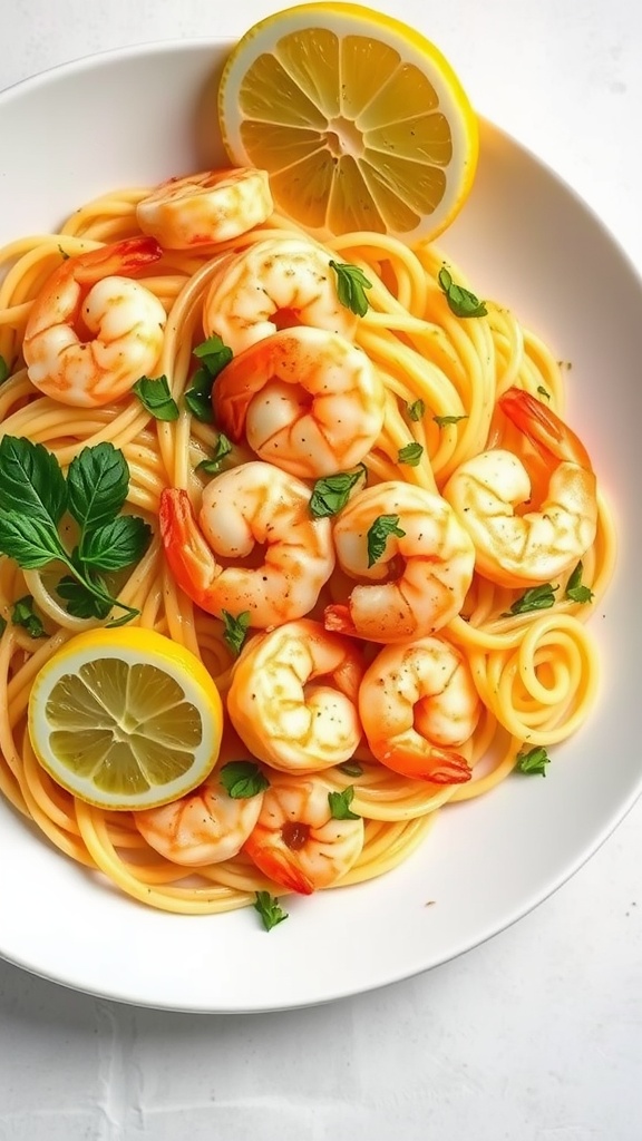 A plate of lemon shrimp linguine garnished with parsley and lemon slices.