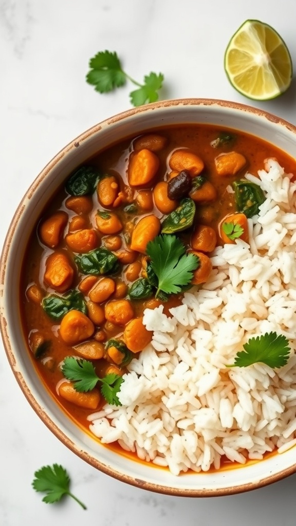 A bowl of lentil and spinach curry served with rice, garnished with cilantro.