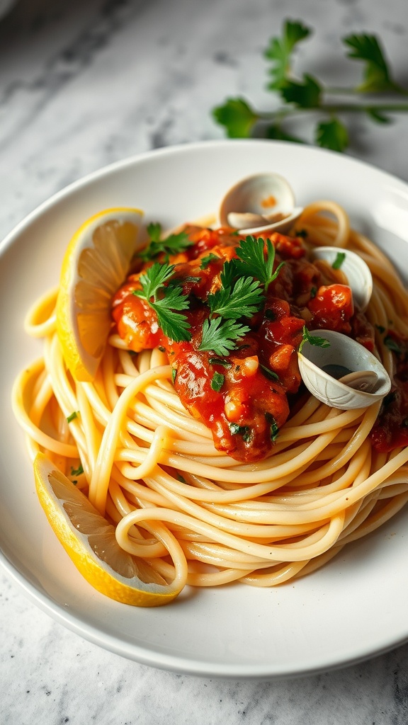 A plate of linguine topped with clam sauce, garnished with parsley and lemon slices.