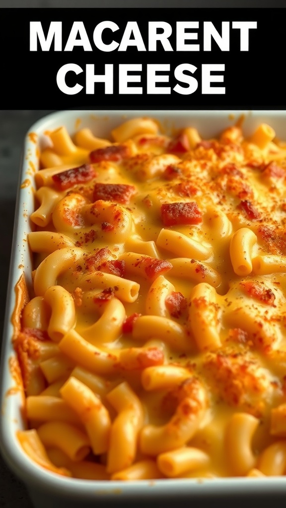 A creamy and cheesy macaroni and cheese bake topped with a golden crust.