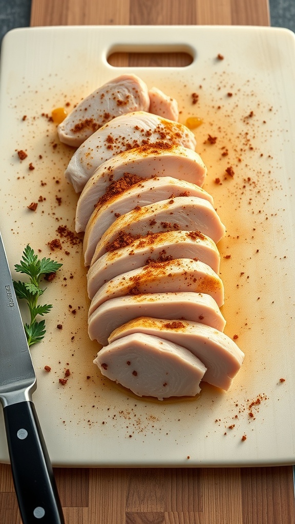 Sliced marinated chicken on a cutting board with Cajun spices