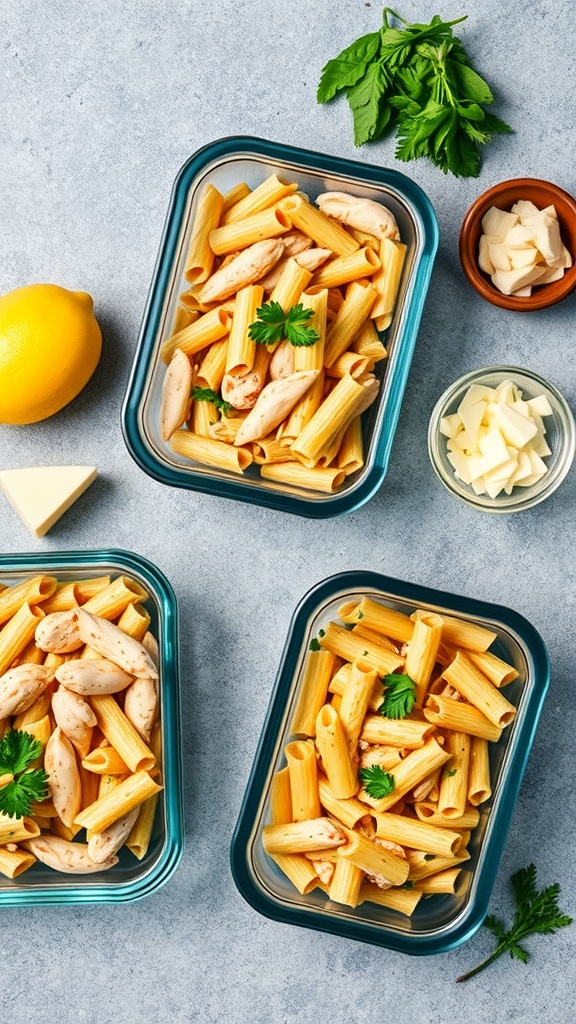 Containers of creamy Cajun chicken pasta with fresh ingredients.