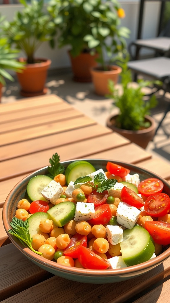 A colorful Mediterranean Chickpea and Feta Bowl featuring chickpeas, tomatoes, cucumber, and feta cheese.