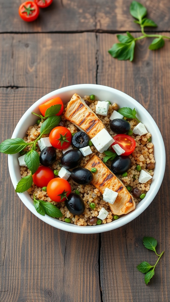 A delicious Mediterranean quinoa bowl with grilled chicken, cherry tomatoes, olives, and feta cheese.