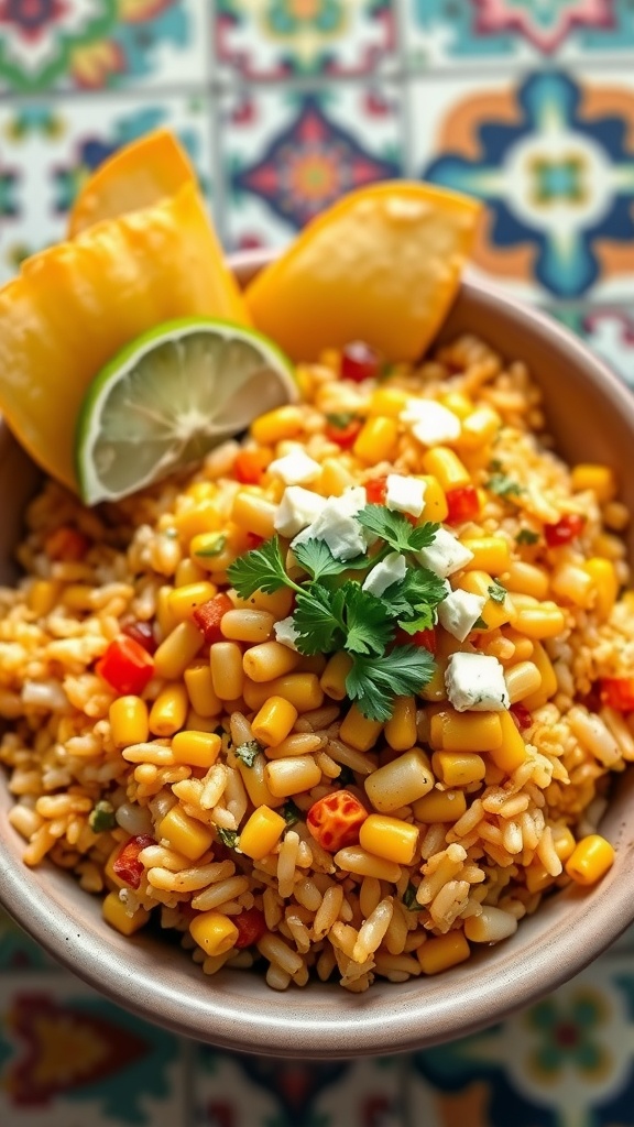 A vibrant Mexican Street Corn Rice Bowl topped with corn, peppers, cheese, and lime.