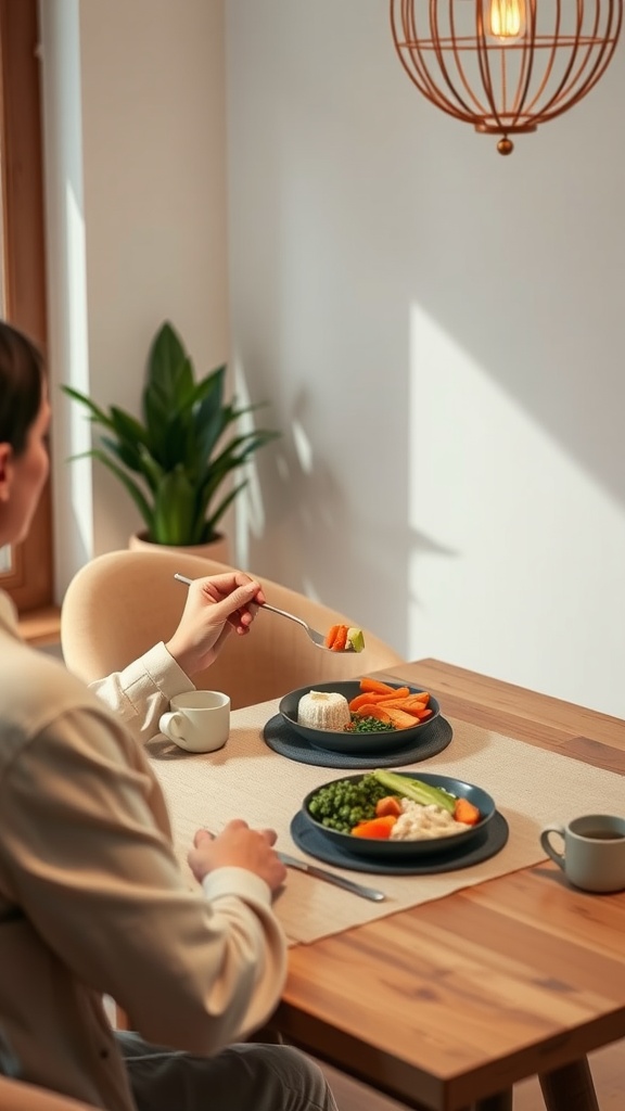 A person enjoying a healthy meal with vegetables at a dining table.