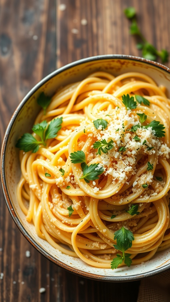 Bowl of creamy garlic parmesan pasta garnished with parsley and cheese.