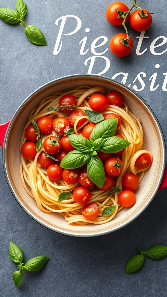 A pot of spaghetti with cherry tomatoes and fresh basil leaves