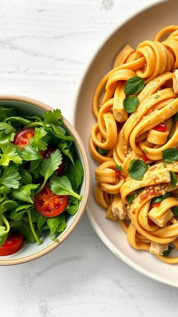 A bowl of creamy Cajun chicken pasta next to a fresh salad with greens and cherry tomatoes.