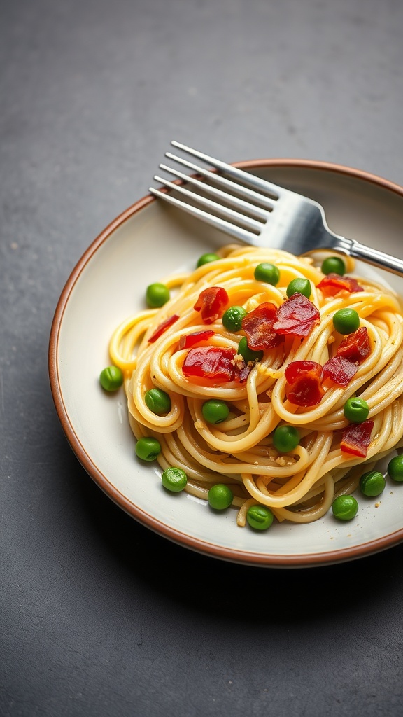 A bowl of pasta carbonara with peas, topped with crispy bacon, served on a plate with a fork.