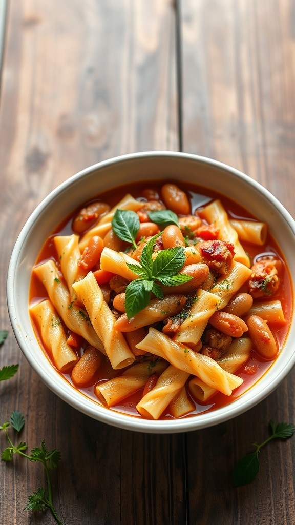 A bowl of Pasta e Fagioli with pasta, beans, and fresh basil on a wooden table.