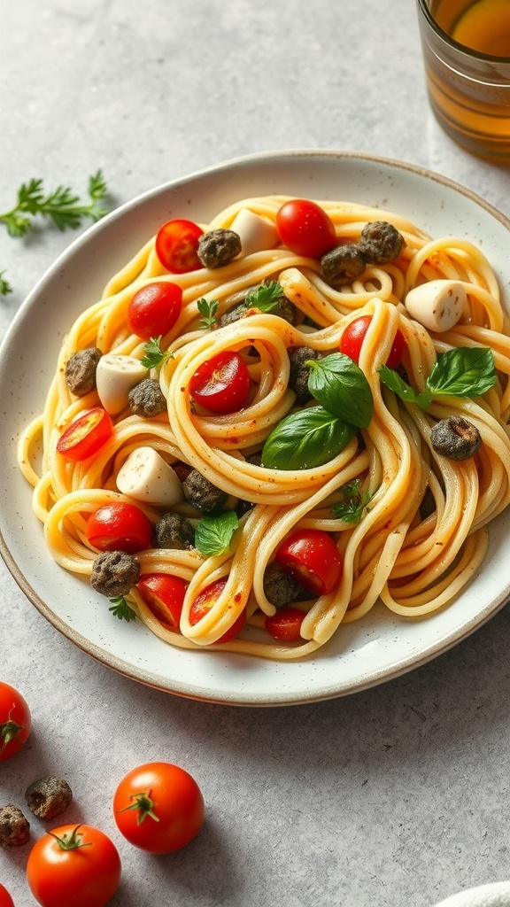 A plate of pasta primavera with cherry tomatoes, mozzarella balls, and fresh basil.