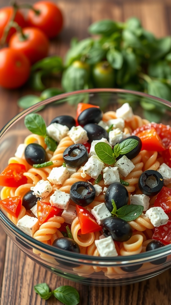 A vibrant pasta salad with feta cheese, black olives, and diced tomatoes, garnished with fresh herbs.